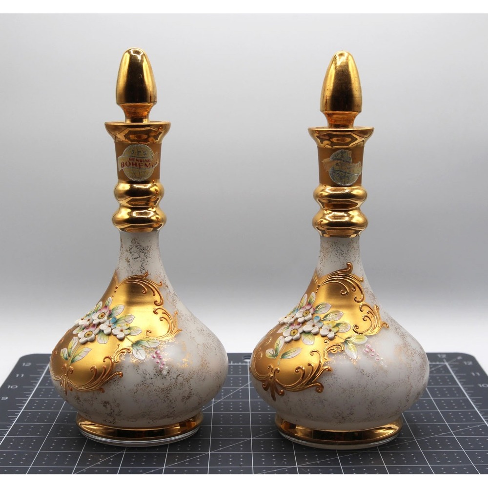 Vintage Genuine Bohemia Glass Decanters Pair Gold Encrusted Floral White 9.5in